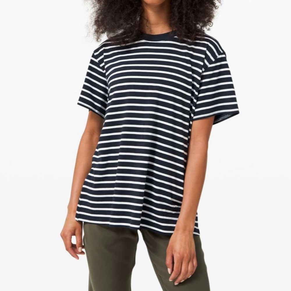 lululemon All Yours Boyfriend Tee - Yachtie Stripe True Navy White - size 10
